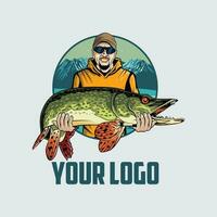 vettore logo luccio pesca con pescatore