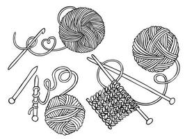 vettore lineare disegno su il tema di maglieria. ricamo, palle di lana vergine, maglieria aghi e un' gancio. uncinetto