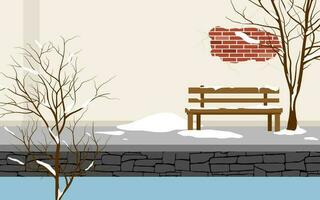 inverno nel il cittadina illustrazione, di legno panchina e albero con neve vettore