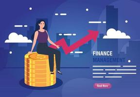 donna seduta su una pila di monete con infografica freccia su vettore