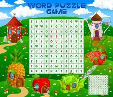 parola ricerca puzzle gioco, cartone animato fiaba case vettore