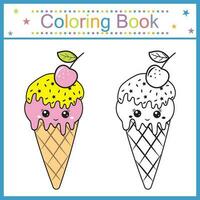 colorazione libro per bambini ghiaccio crema kawaii, isolato contorno illustrazione vettore