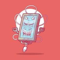 smartphone samurai Meditare vettore illustrazione. tecnologia, mascotte, marca design concetto.