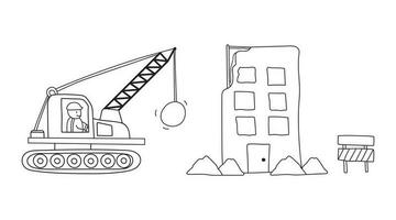 mano disegnato bambini disegno vettore illustrazione di costruzione luogo con demolizione camion e distrutto edificio nel un' cartone animato stile
