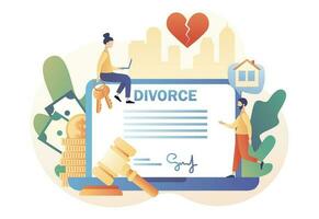 divorzio concetto. minuscolo persone relazione rottura. marito e moglie cartello accordo divorzio documento e proprietà divisione in linea. rotto cuore. moderno piatto cartone animato stile. vettore illustrazione