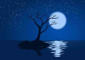 bellissimo semplice chiaro di luna notte illustrazione con albero silhouette e stelle vettore