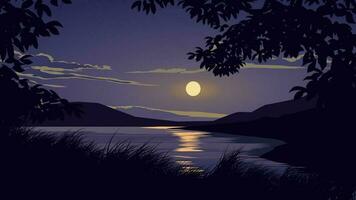 calma notte nel un' fiume con chiaro di luna e silhouette di albero rami e erba vettore