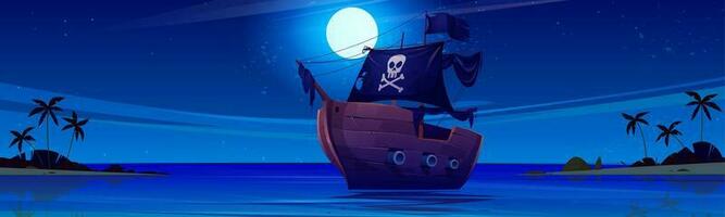 pirata nave a notte vicino mare isola spiaggia cartone animato vettore