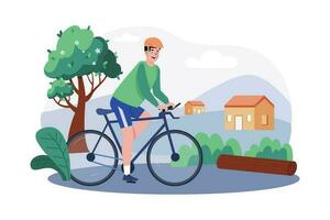 un' ciclista va per un' bicicletta cavalcata nel il campagna per apprezzare il mattina scenario. vettore