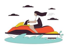 Jet sciare equitazione piatto linea vettore individuare illustrazione. costumi da bagno arabo donna su acqua scooter 2d cartone animato schema personaggio su bianca per ragnatela ui design. moto d'acqua Moto d'acqua modificabile isolato colorato eroe Immagine