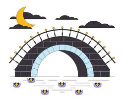 pietra ponte sotto fiume piatto linea concetto vettore individuare illustrazione. illuminato dalla luna notte paesaggio 2d cartone animato schema oggetti su bianca per ragnatela ui design. modificabile isolato colorato eroe Immagine