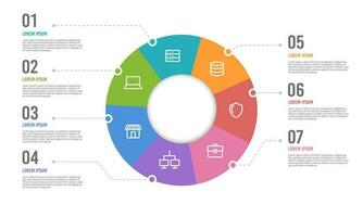 torta grafico Infografica design modello con 7 opzioni per presentazioni pubblicità, layout, annuale rapporti, e marketing. vettore illustrazione.