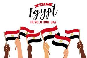 Egitto rivoluzione giorno. mani con bandiere di Egitto. Egitto indipendenza giorno striscione. illustrazione, striscione, vettore