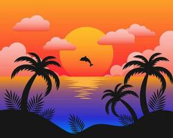 paesaggio marino estivo, palme, mare, delfini sullo sfondo del tramonto. illustrazione colorata, vettore