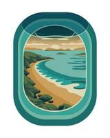 vista sul mare dalla finestra di un oblò di aeroplano. vacanze estive e illustrazione di viaggio, vettore