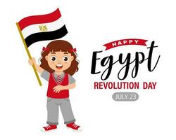 Egitto rivoluzione giorno. carino poco ragazza con Egitto bandiera. cartone animato, striscione, manifesto, vettore