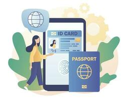 biometrico documenti nel smartphone app. inteligente id carta concetto. digitale passaporto e autista licenza. elettronico identità carta. moderno piatto cartone animato stile. vettore illustrazione su bianca sfondo