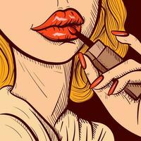 illustrazione di un' bionda donna di mano l'applicazione rossetto su sua labbra. avvicinamento vettore di un' ragazza mettendo su labbro lucentezza.