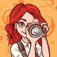illustrazione di un anime testa Rossa donna Tenere un' digitale telecamera nel sua mani. avvicinamento vettore di un' ragazza con fotografia attrezzatura assunzione un' foto
