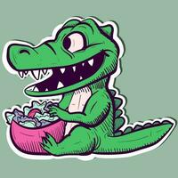 illustrazione di un' vegetariano alligatore essere eccitato di un' ciotola di verdi. vettore di un' verde coccodrillo mangiare un' insalata