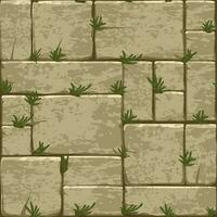 cartone animato pietra marciapiede senza soluzione di continuità modello, mattone parete struttura, Cracked roccia finitrice su erba. pietra marciapiede design vettore