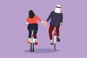 grafico piatto design disegno contento arabo coppia cavalcata biciclette nel prato indietro per telecamera e Tenere mano. giovane romantico uomo e donna nel amore. romantico sposato coppia. cartone animato stile vettore illustrazione