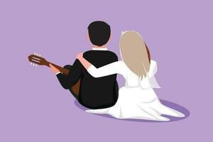 cartone animato piatto stile disegno indietro Visualizza sposato coppia giocando chitarra con nozze vestire. abbracciare coppia seduta a parco con chitarra. romantico incontri su all'aperto natura. grafico design vettore illustrazione