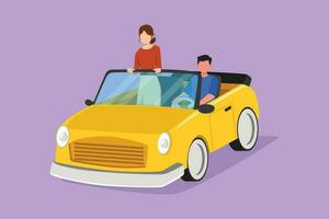 grafico piatto design disegno di contento coppia equitazione auto andando su strada viaggio. romantico uomo e donna guida nel cabriolet auto viaggio in giro città. coppia estate vacanza. cartone animato stile vettore illustrazione