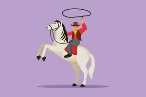 personaggio piatto disegno stilizzato cowboy lancio laccio equitazione allevamento su cavallo. americano cowboy equitazione cavallo e lancio laccio. carino cowboy con corda laccio su cavallo. cartone animato design vettore illustrazione