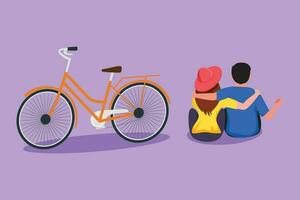 personaggio piatto disegno indietro Visualizza romantico adolescenziale coppia seduta a all'aperto città parco con bicicletta Il prossimo per loro. giovane uomo e donna nel amore. contento sposato coppia. cartone animato design vettore illustrazione