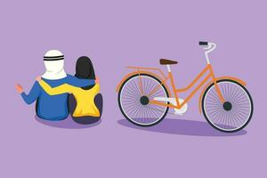 personaggio piatto disegno indietro Visualizza romantico adolescenziale coppia seduta a all'aperto città parco con bicicletta Il prossimo per loro. arabo uomo e donna nel amore. contento sposato coppia. cartone animato design vettore illustrazione