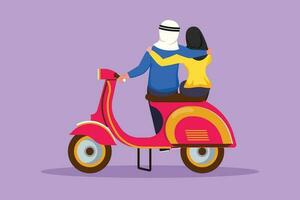 personaggio piatto disegno indietro Visualizza di piloti coppia viaggio viaggio relax. romantico arabo coppia luna di miele momenti con abbracciare. uomo con donna equitazione scooter motociclo. cartone animato design vettore illustrazione