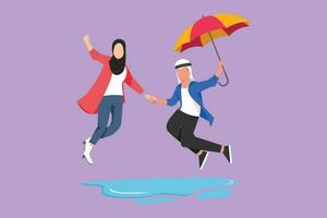 grafico piatto design disegno arabo coppia nel amore a piedi sotto pioggia con ombrello. uomo e donna a piedi e salto su strada. sposato coppia romantico relazione. cartone animato stile vettore illustrazione