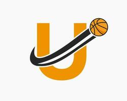 iniziale lettera u pallacanestro logo concetto con in movimento pallacanestro icona. cestino palla logotipo simbolo vettore