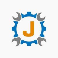 lettera j riparazione logo Ingranaggio tecnologia simbolo. costruzione servizio logo design vettore