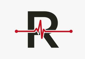 lettera r battito cardiaco logo per medico o Salute simbolo. medico logo modello design vettore