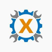 lettera X riparazione logo Ingranaggio tecnologia simbolo. costruzione servizio logo design vettore