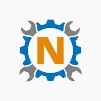 lettera n riparazione logo Ingranaggio tecnologia simbolo. costruzione servizio logo design vettore