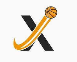 iniziale lettera X pallacanestro logo concetto con in movimento pallacanestro icona. cestino palla logotipo simbolo vettore