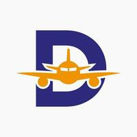 iniziale lettera d viaggio logo concetto con volante aria aereo simbolo vettore