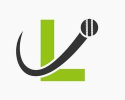 lettera l cricket logo concetto con in movimento palla icona per cricket club simbolo. giocatore di cricket cartello vettore