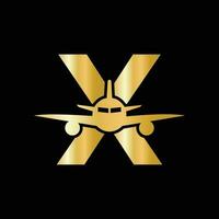 lettera X viaggio logo concetto con volante aria aereo simbolo vettore