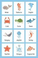 mare animale flashcard. apprendimento oceano vocabolario. mare creature stampabile carte. animale insegnamento parole prescolastico fogli di lavoro. inglese nome con cartone animato animali impostare. carta Giochi per bambini. vettore. vettore