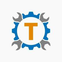 lettera t riparazione logo Ingranaggio tecnologia simbolo. costruzione servizio logo design vettore