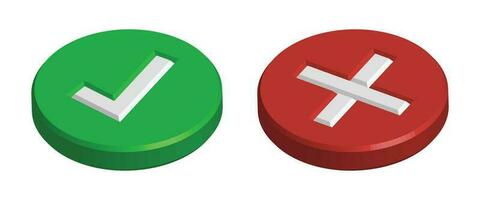 realistico 3d verde giusto dai un'occhiata marchio icona, sbagliato segno di spunta icona, lucido e brillante segno di spunta icona e attraversare marchio icona, verde e rosso realistico segno di spunta con corretta sbagliato o X marchio vettore illustrazione