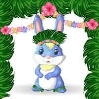 carino coniglio, lepre nel hawaiano Abiti danza hula. ghirlanda e ghirlanda di fiori, spiaggia, vacanza, vacanza concetto. vettore