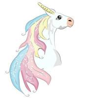 bianca unicorno illustrazione per bambini design. arcobaleno capelli. isolato. carino fantasia animale. vettore