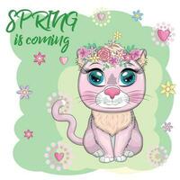 cartone animato gatto con un' ghirlanda. primavera è In arrivo. carino bambino carattere, simbolo di 2023 nuovo Cinese anno vettore