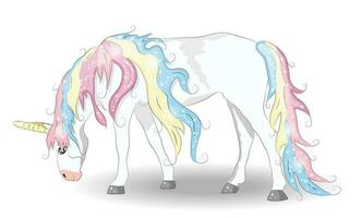 bianca unicorno illustrazione per bambini design. arcobaleno capelli. isolato. carino fantasia animale. vettore