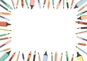 colorato penne, matite, pastelli e evidenziatori. telaio confine. isolato su bianca sfondo. scuola forniture bandiera vettore